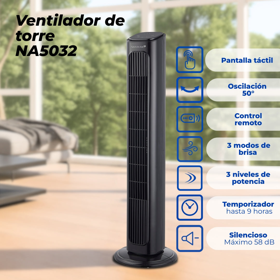 Narvik Ventilador de Torre 32" Silencioso de 40W con Control Remoto y Panel Touch, Modelo NA5032