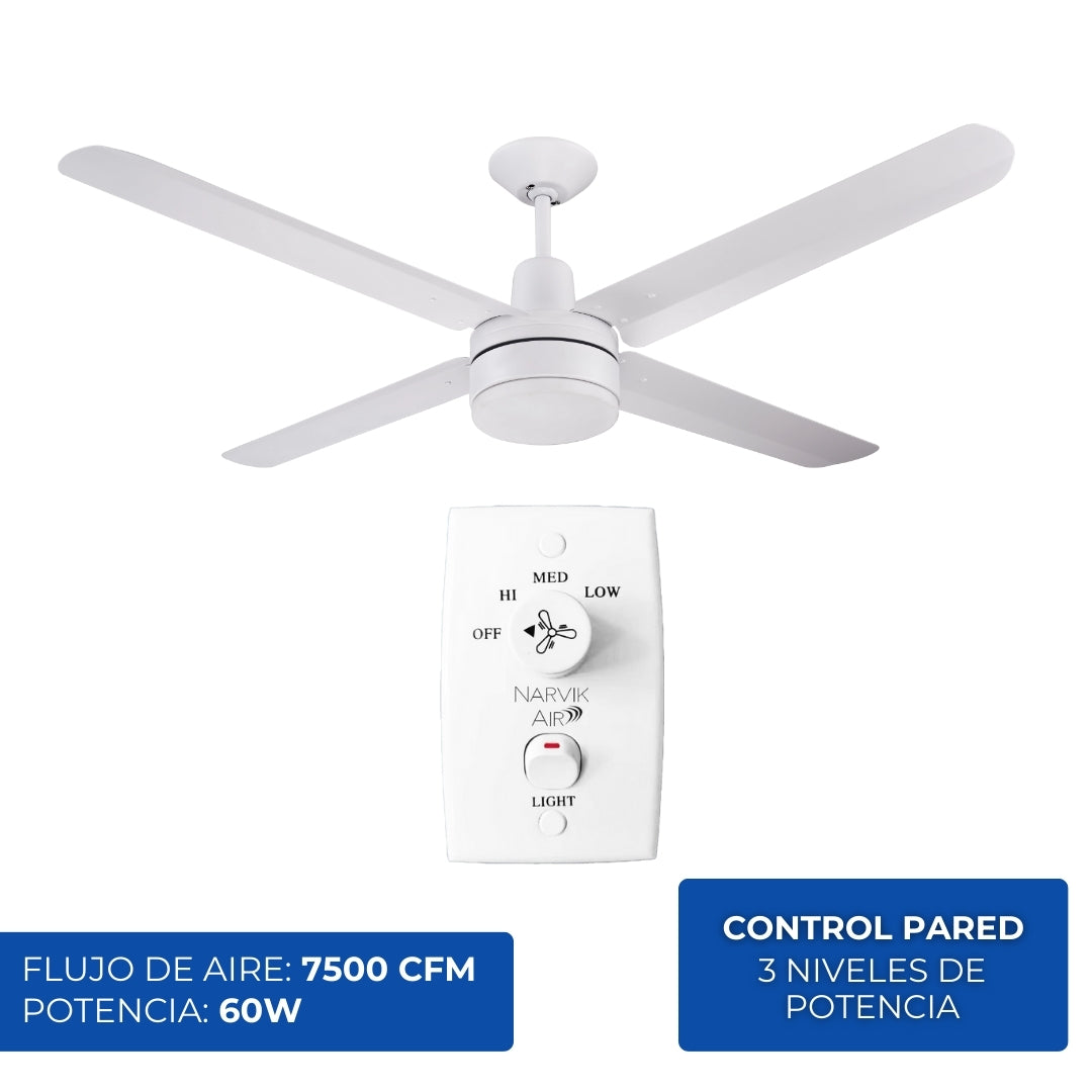 Narvik Ventilador de Techo de 56" Con Luz CCT de 4 Aspas de Aluminio con Control de Pared Industrial NA-CL56MB/ NA3021