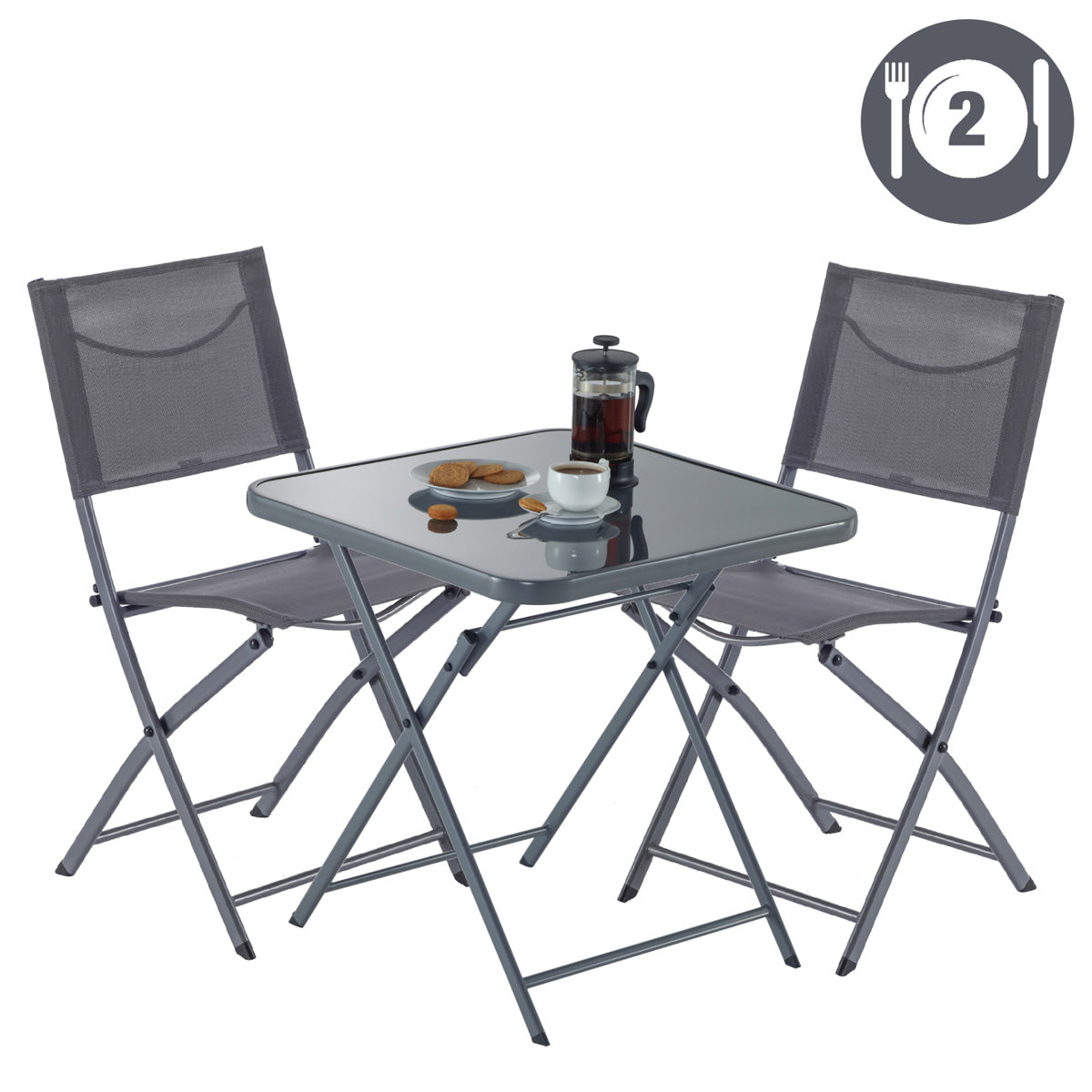Naterial Set de Comedor: Mesa + 2 Sillas Plegables con Descansabrazos de Acero Aptas para Exterior, Modelo Emys