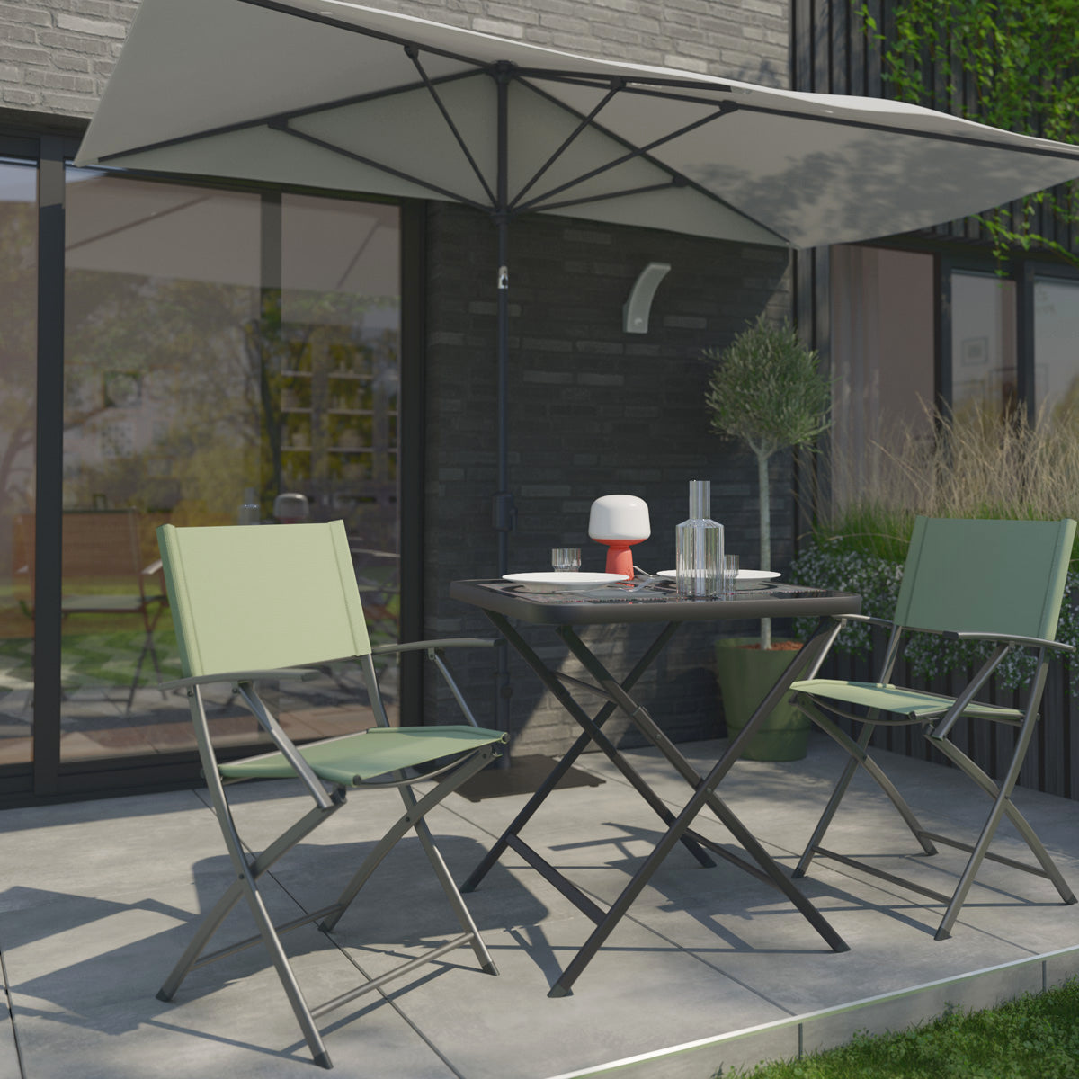 Naterial Set de Comedor: Mesa + 2 Sillas Plegables de Acero Apta para Exterior, Modelo Emys