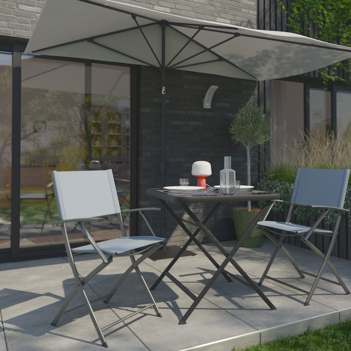 Naterial Set de Comedor: Mesa + 2 Sillas Plegables de Acero Apta para Exterior, Modelo Emys