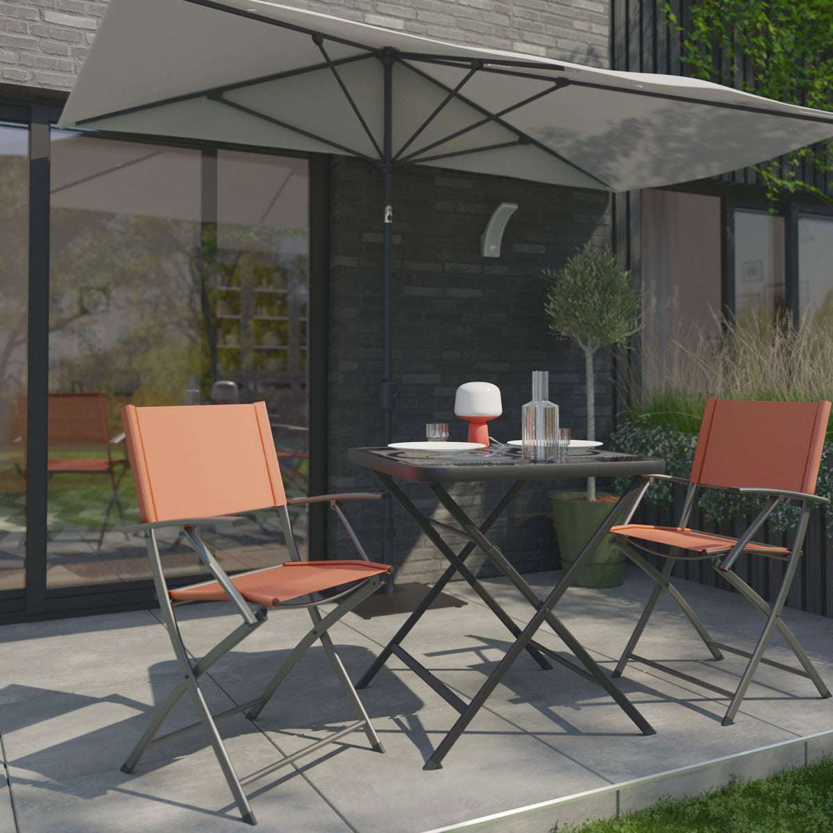 Naterial Set de Comedor: Mesa + 2 Sillas Plegables de Acero Apta para Exterior, Modelo Emys