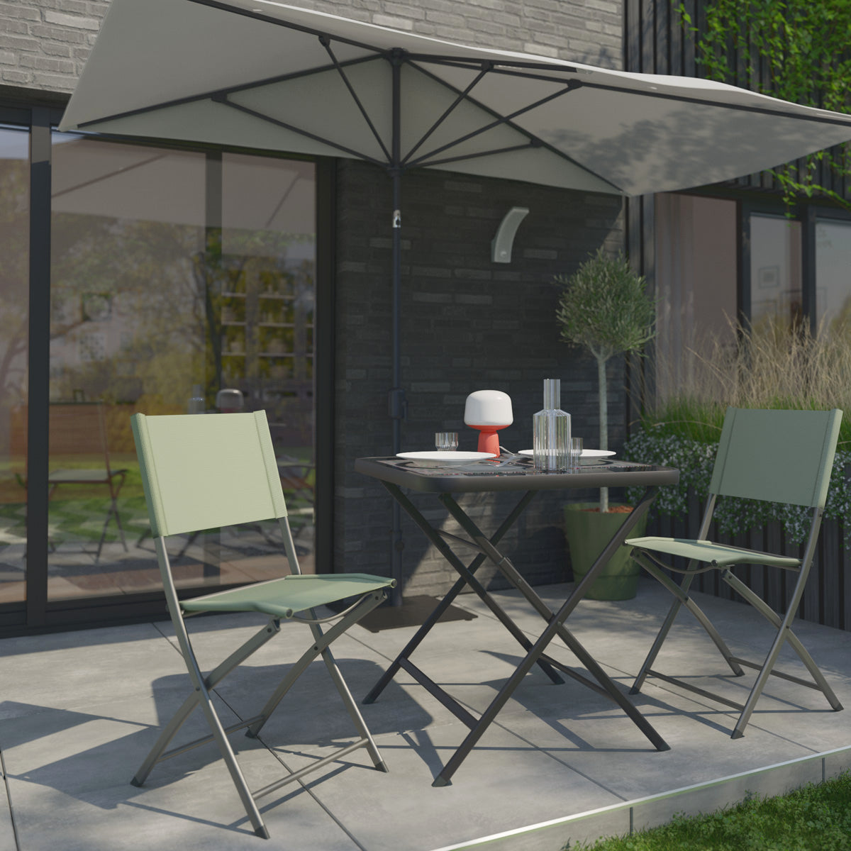 Naterial Set de Comedor: Mesa + 2 Sillas Plegables de Acero Apta para Exterior, Modelo Emys