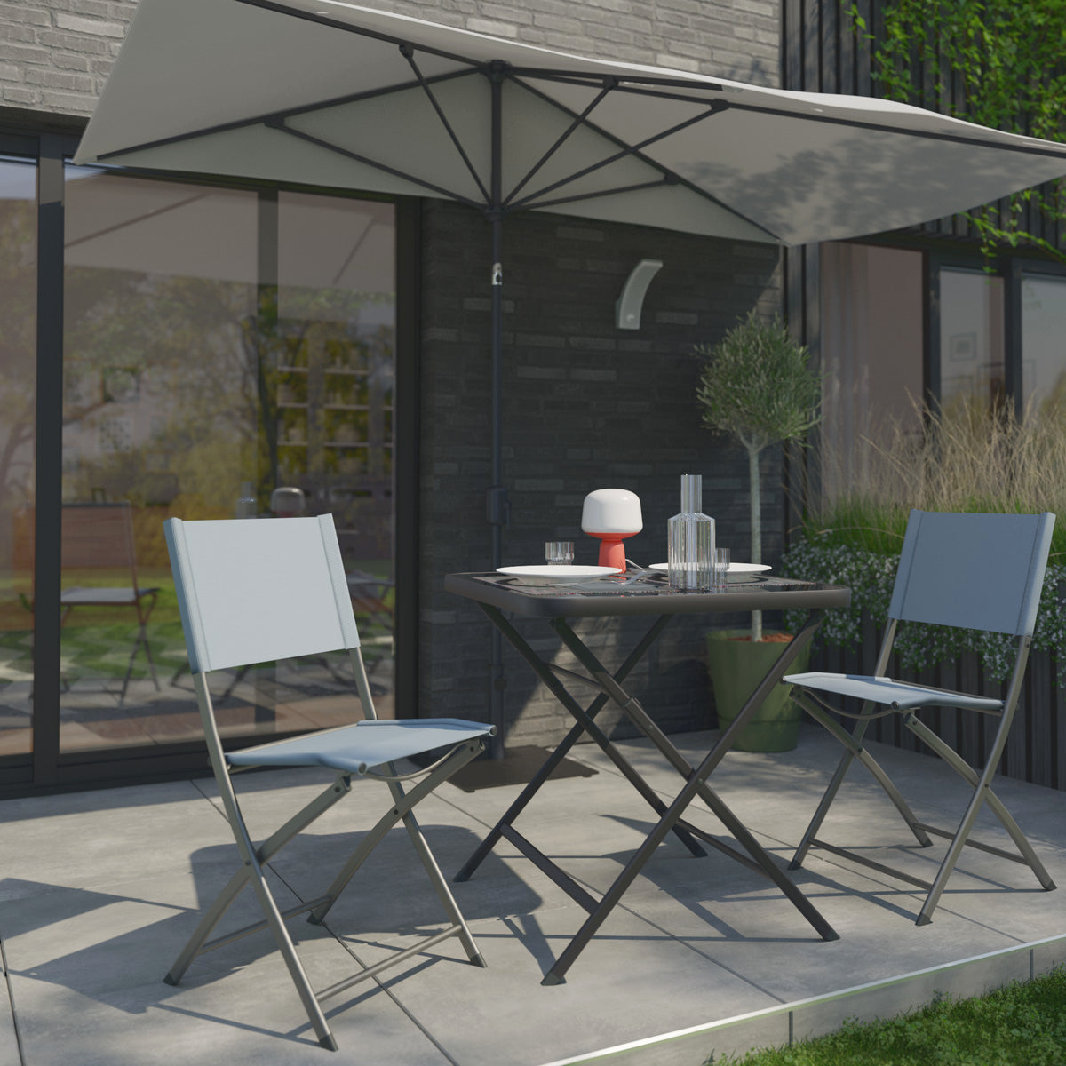 Naterial Set de Comedor: Mesa + 2 Sillas Plegables de Acero Apta para Exterior, Modelo Emys