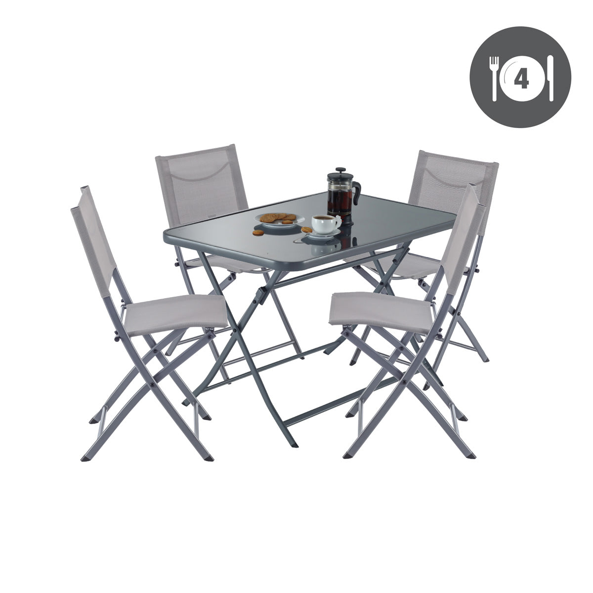 Naterial Set de Comedor: Mesa+ 4 Sillas Plegables de Acero Apta para Exterior, Modelo Emys
