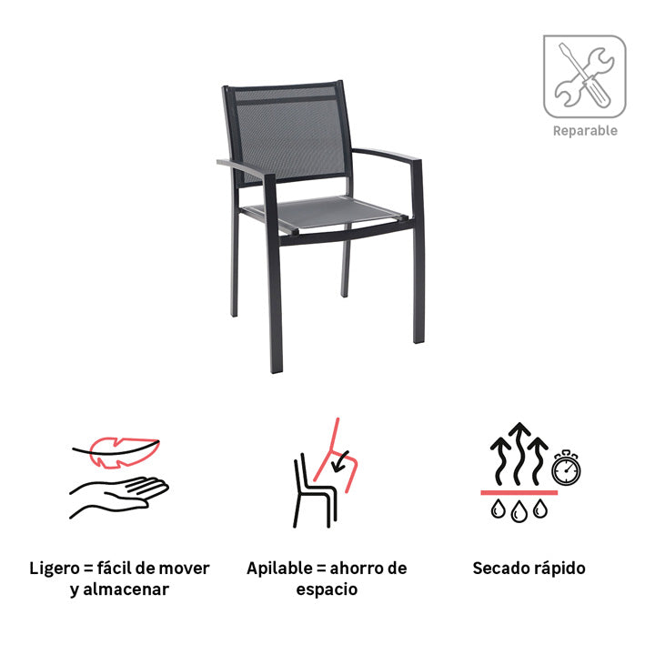 Naterial Silla de Jardín Apilable de Aluminio y Textileno con Brazos para Exterior , Modelo Lyra Beta