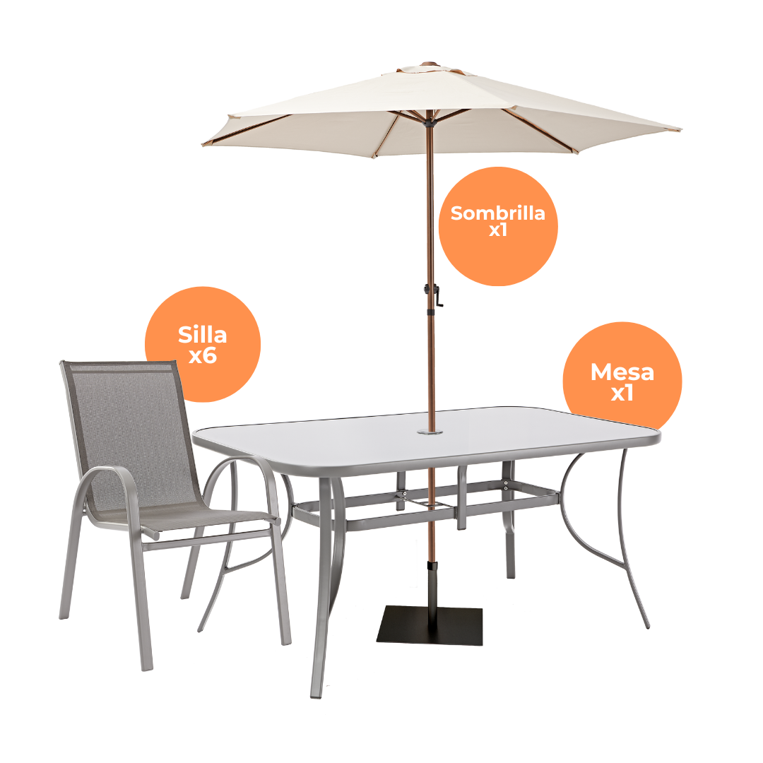 Naterial Set de Comedor: Mesa + 6 Sillas + Sombrilla para Jardín Apta para Exterior, Modelo Alma