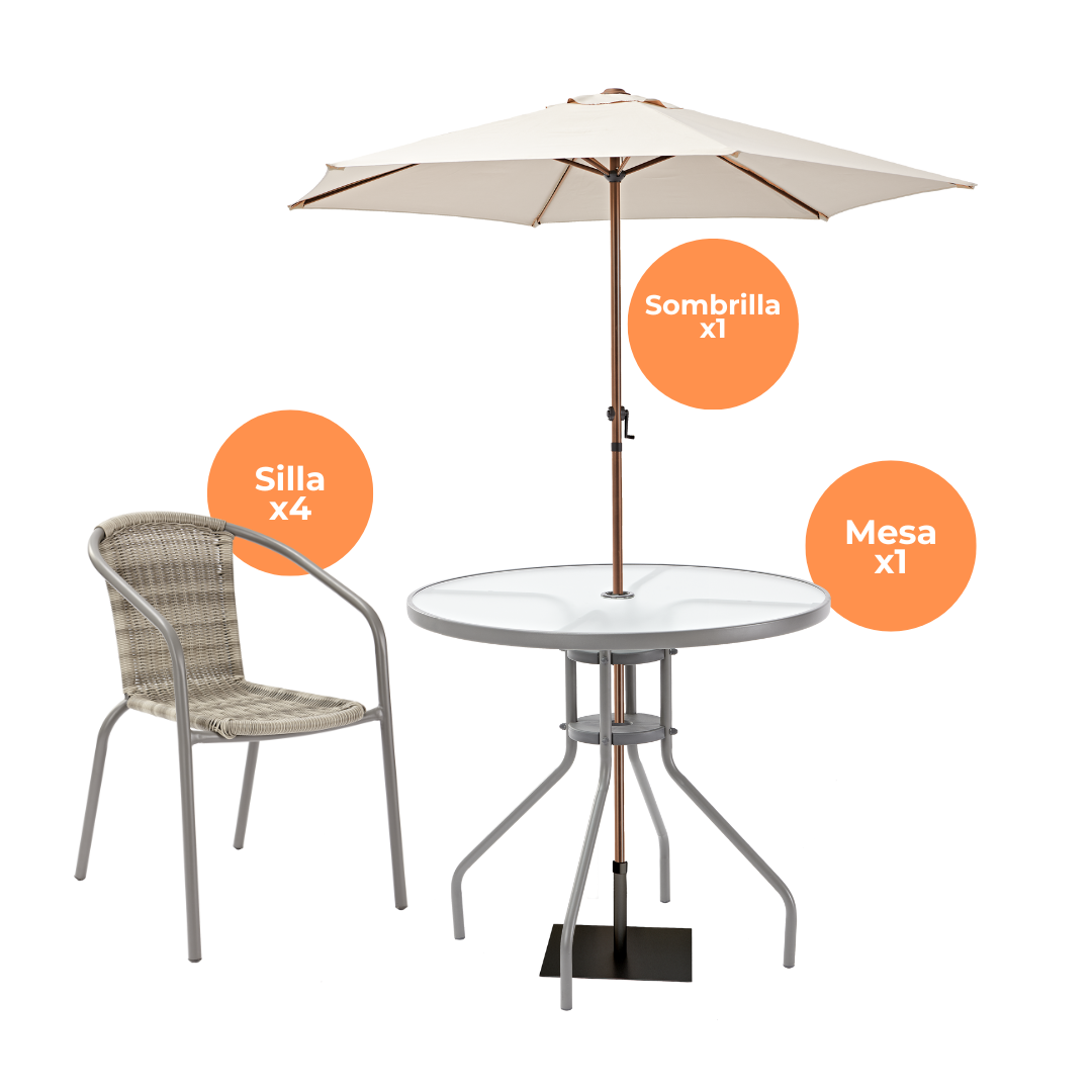 Naterial Set de Comedor: Mesa + 4 Sillas + Sombrilla para Jardín Tipo Ratán Apta para Exterior, Modelo Elías
