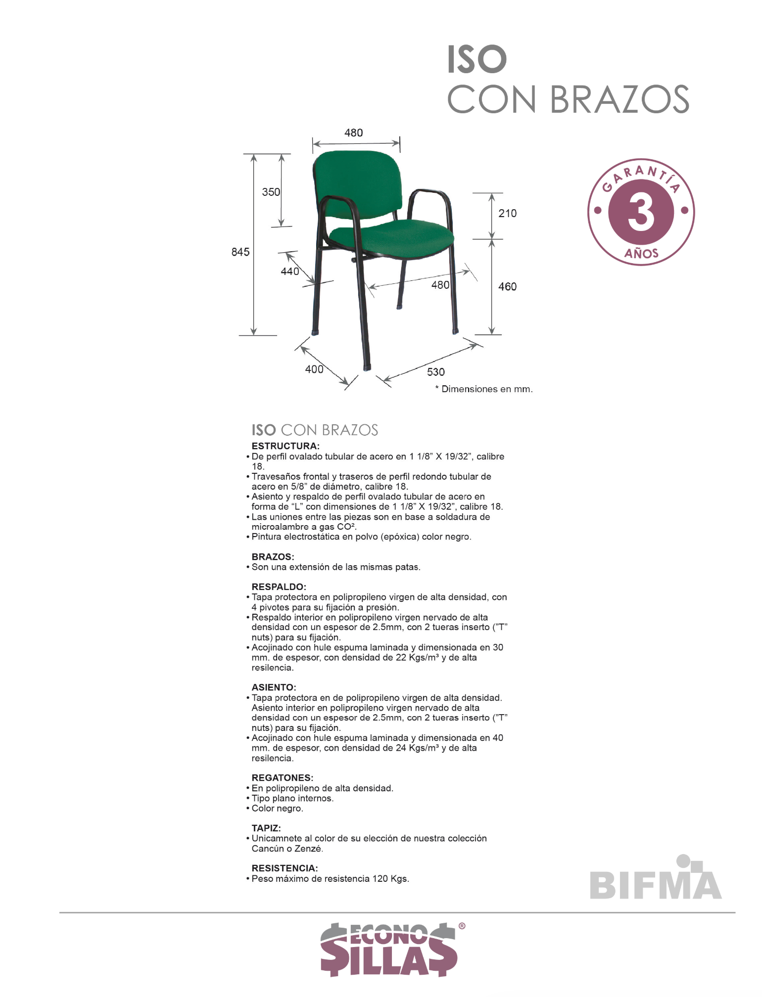 Offiho Silla de Oficina para Visita Tapizada con Descansabrazos con Estructura de Acero, Modelo ISOCONBRAZOS