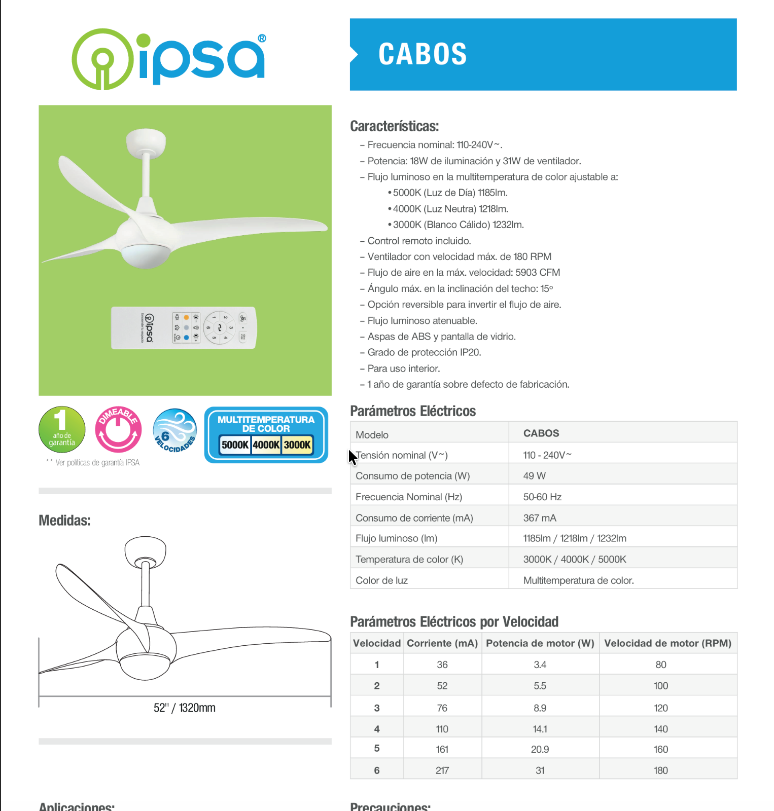 Ipsa Ventilador de Techo 52" de 3 Aspas con Luz y Control Remoto CCT, Modelo Cabos