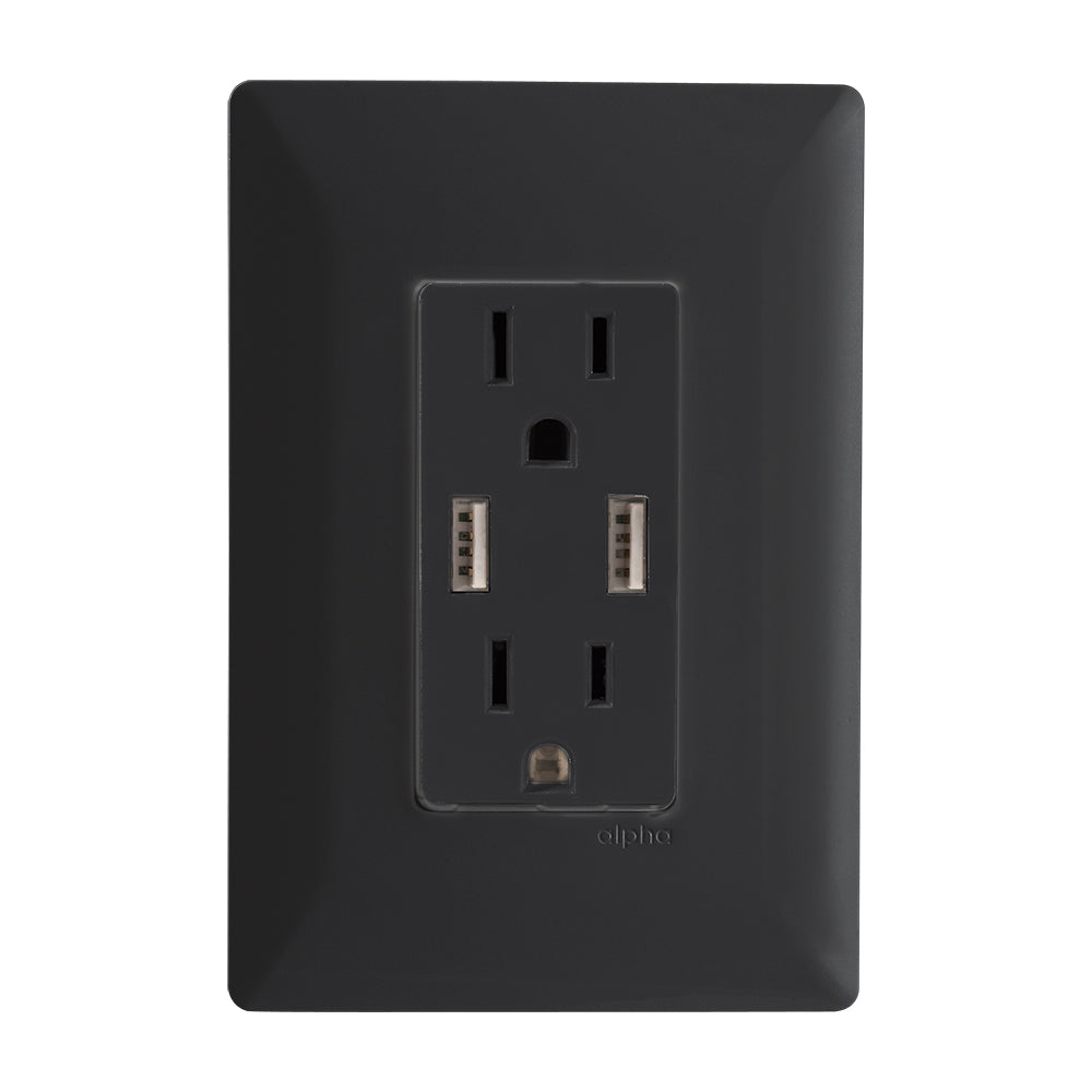Estevez Contacto Dúplex 2P + T con 2 Tomas Cargador USB c/ Placa Alpha, Modelo E90330
