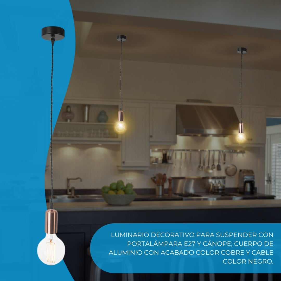 Estevez Lámpara Colgante de 60W con Altura Regulable, Entrada Foco E26 Tipo Socket, Modelo EDE-0267-ORO