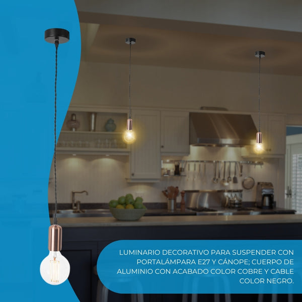 Estevez Lámpara Colgante de 60W con Altura Regulable, Entrada Foco E26 Tipo Socket, Modelo EDE-0267-ORO