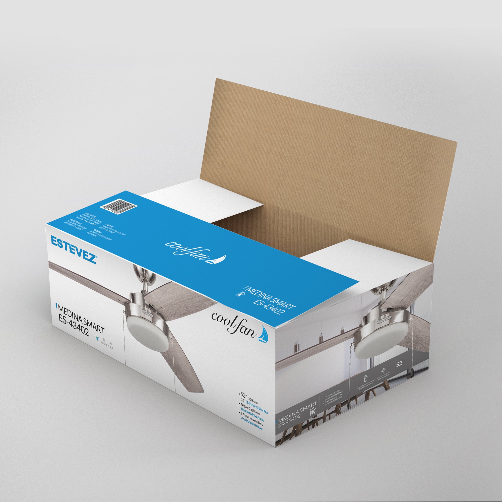 Coolfan Ventilador de Techo 52" con 3 Aspas Reversibles Smart, Modelo Medina