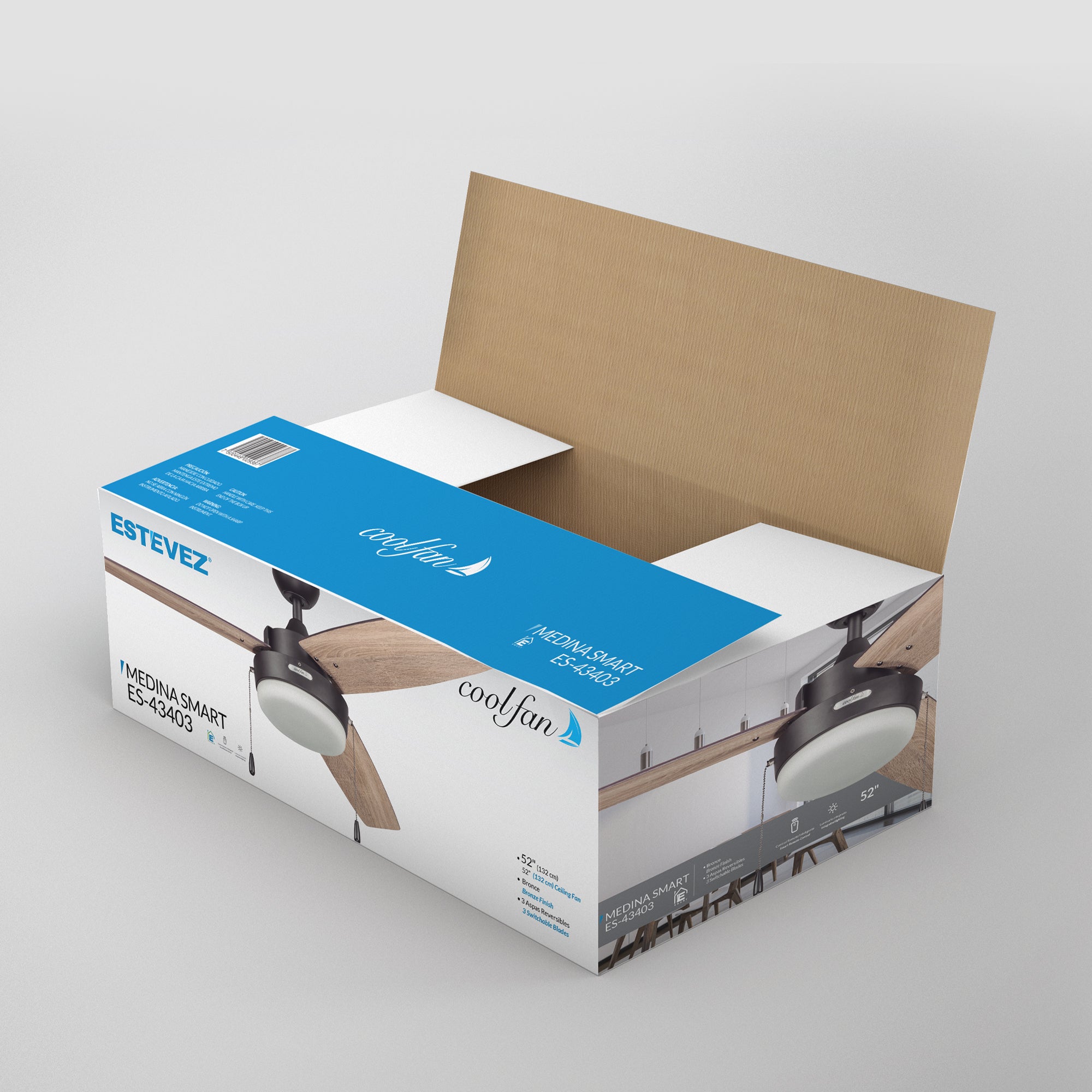 Coolfan Ventilador de Techo 52" con 3 Aspas Reversibles Smart, Modelo Medina