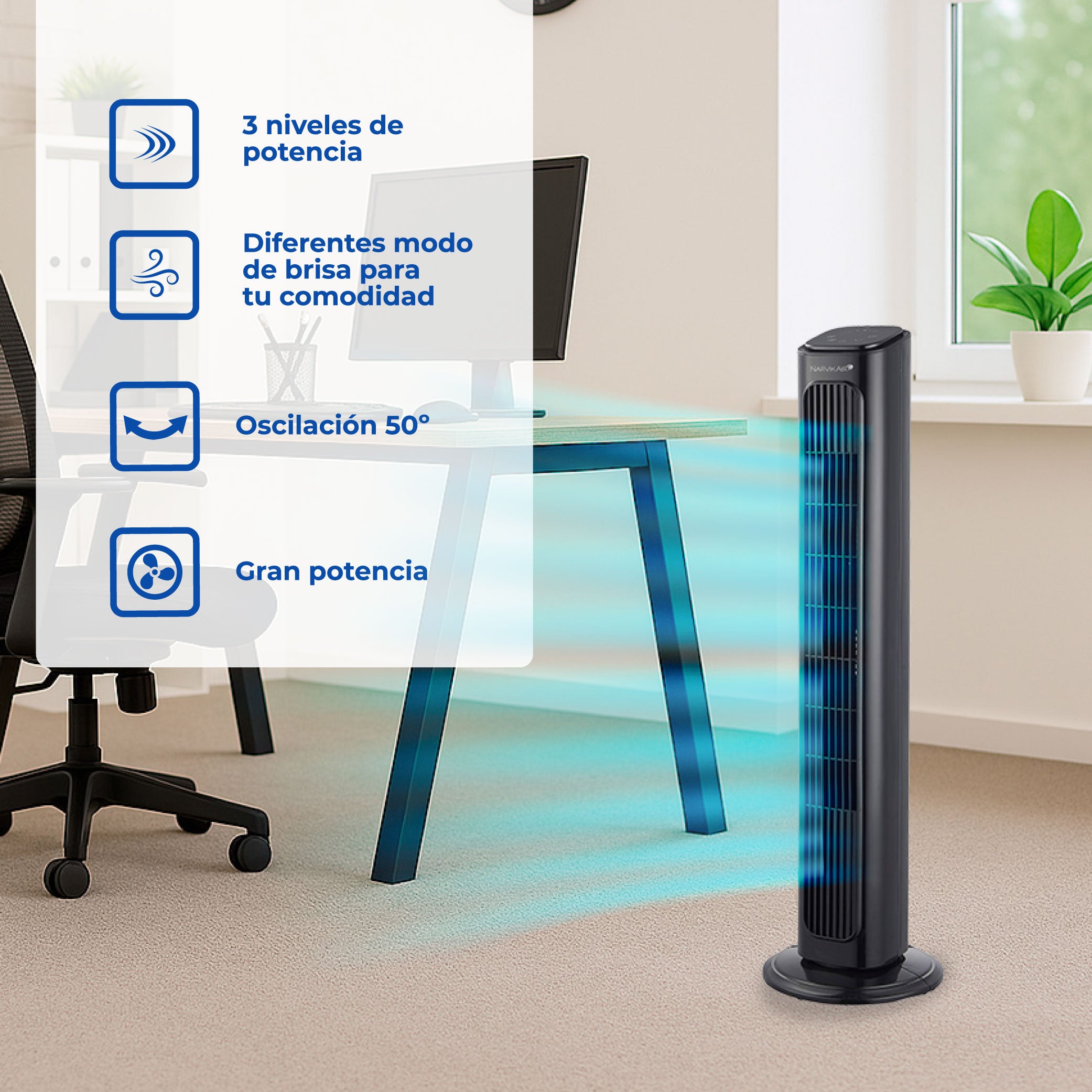 Narvik Ventilador de Torre 32" Silencioso de 40W con Control Remoto y Panel Touch, Modelo NA5032