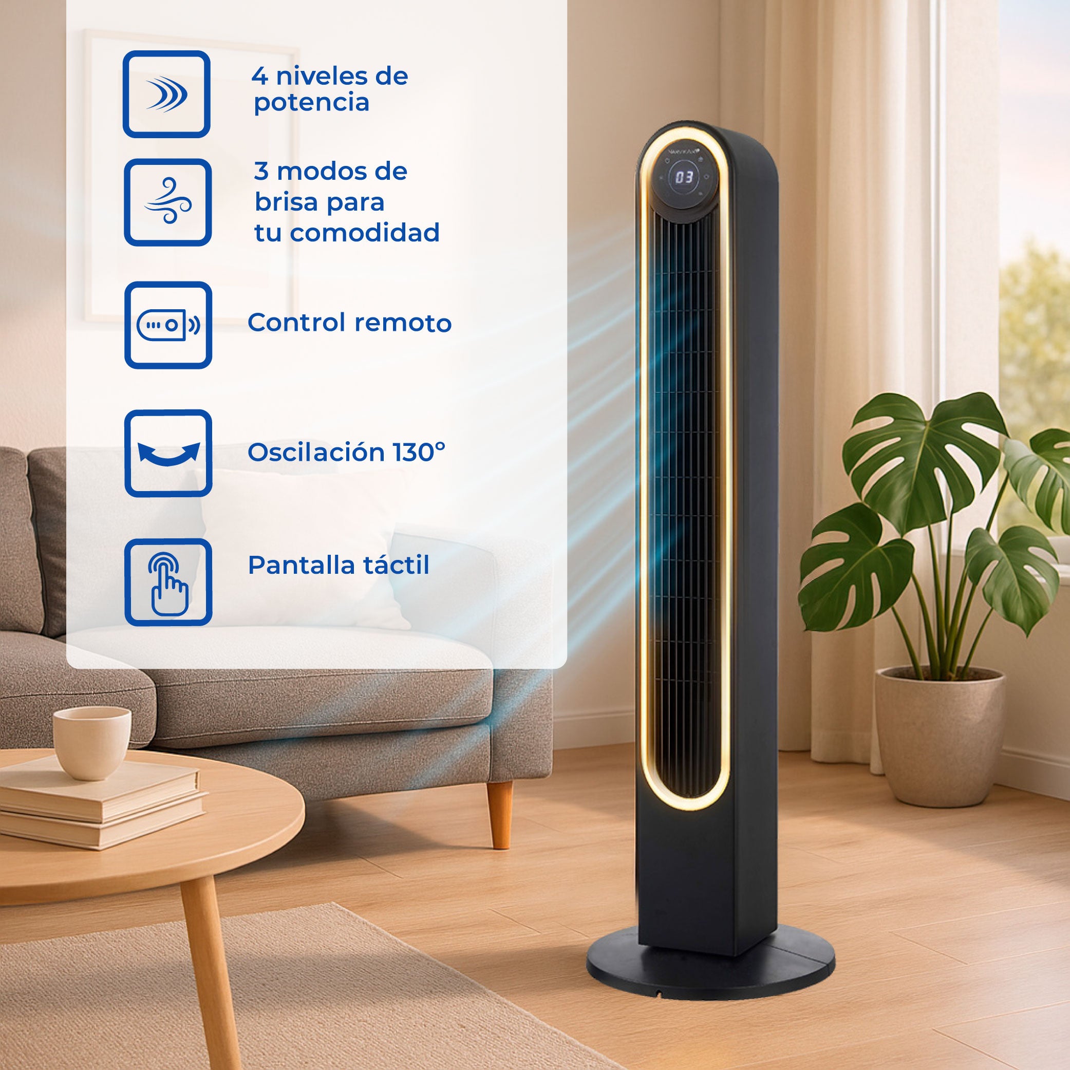 Narvik Ventilador de Torre 42" Silencioso de 60W con Luz, Control Remoto y Panel Touch, Modelo NA5042