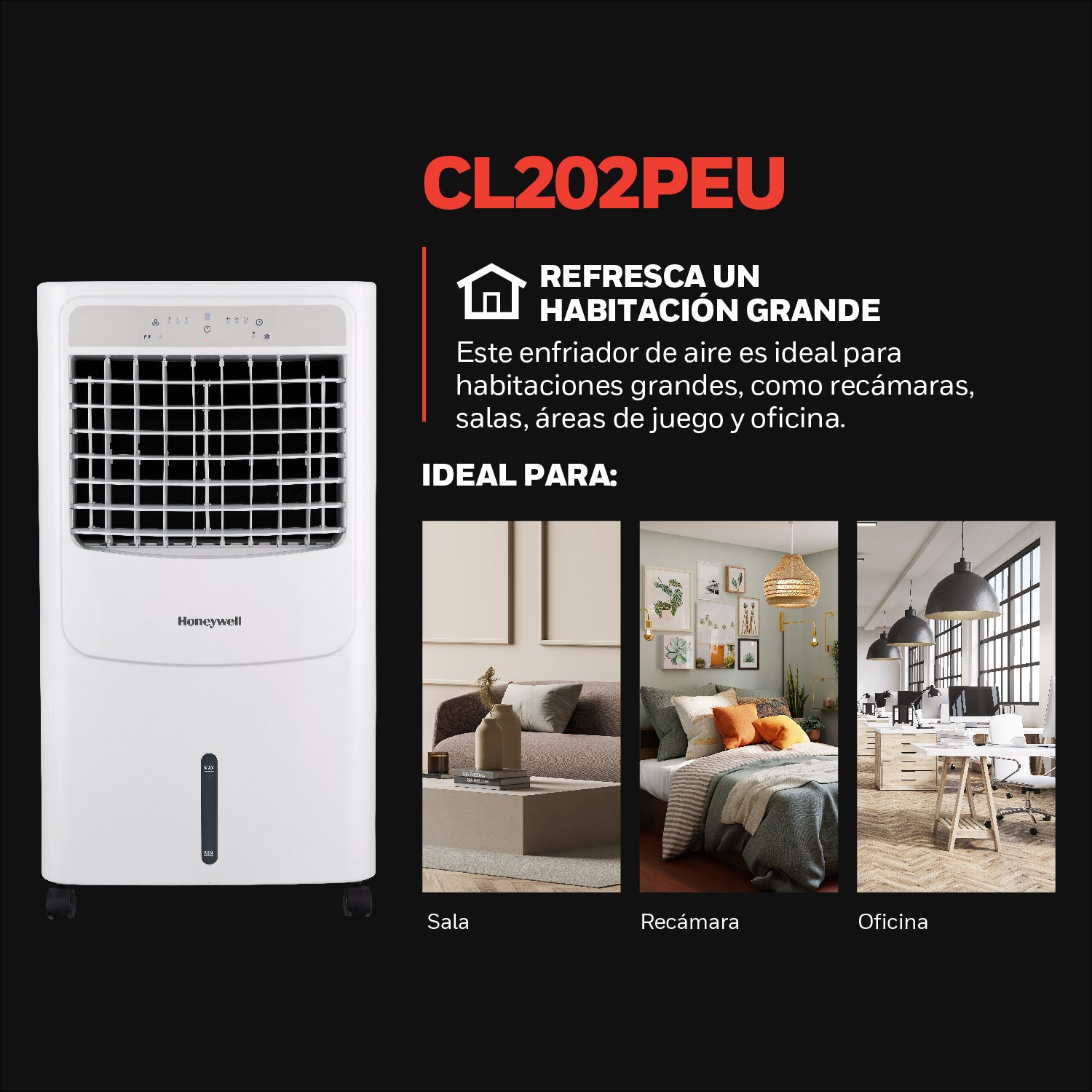 Honeywell Enfriador de Aire, Humidificador, Ventilador 3 en 1 de 20L para 19m2 Con Control, Modelo CL202PEUI