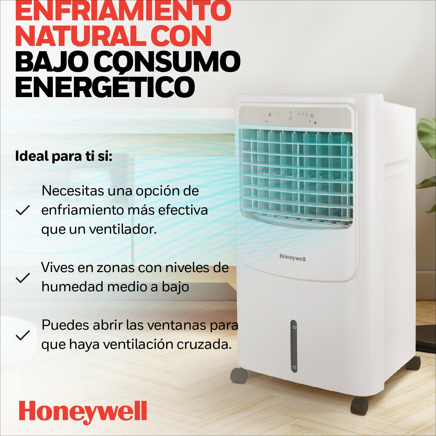 Honeywell Enfriador de Aire, Humidificador, Ventilador 3 en 1 de 20L para 19m2 Con Control, Modelo CL202PEUI