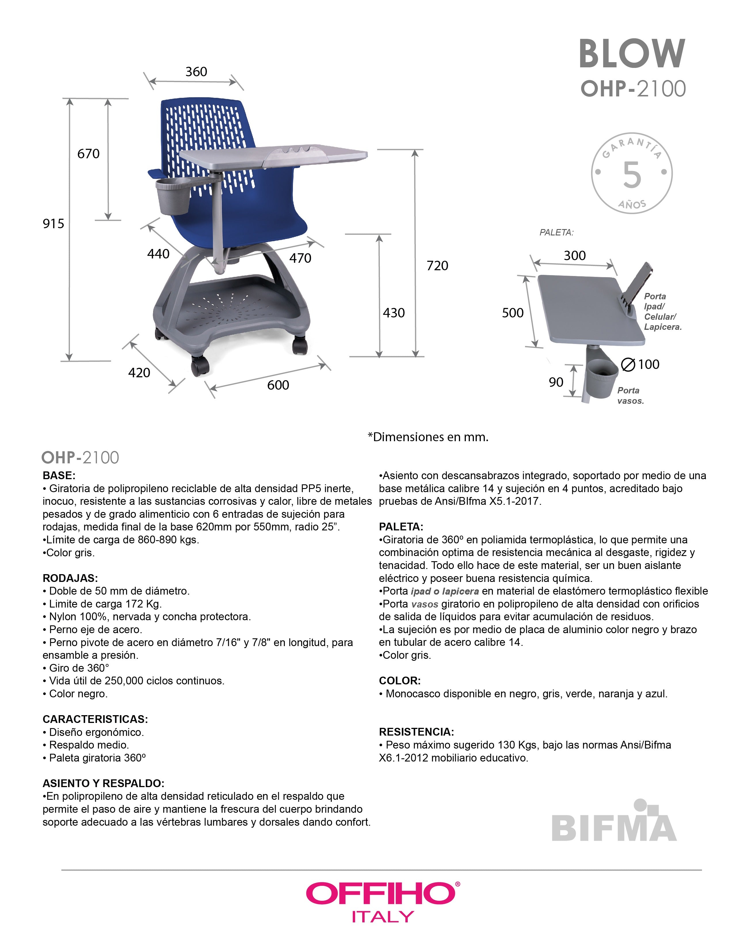 Offiho Pupitre Ergonómico Movilidad 360° y Diseño Escolar Premium, Modelo Blow OHP2100