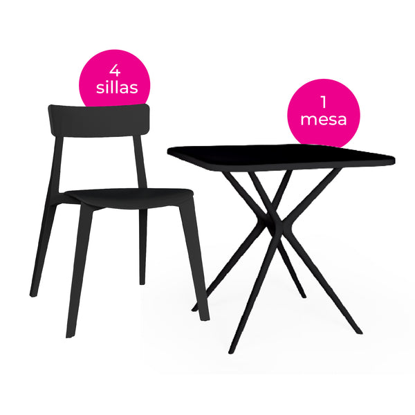Offiho Set de Mesa de Comedor con 4 Sillas de Polipropileno con Protección UV para Exterior, Modelo Tonnati OHM-16 + Kipali OHV-18
