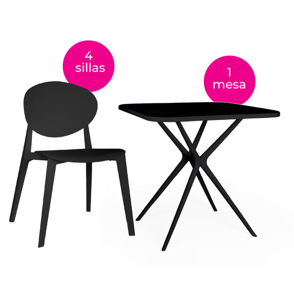 Offiho Set de Mesa de Comedor con 4 Sillas de Polipropileno con Protección UV para Exterior, Modelo Tonnati OHM-16 + Teski OHV-19