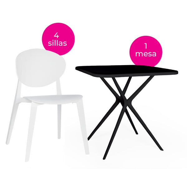 Offiho Set de Mesa de Comedor con 4 Sillas de Polipropileno con Protección UV para Exterior, Modelo Tonnati OHM-16 + Teski OHV-19