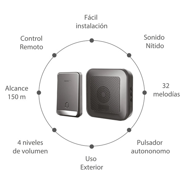 Estevez Timbre Inalámbrico de Pilas con 32 Melodías, Modelo Cefeo D891W-NG