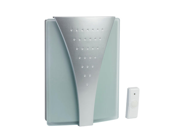 Estevez Timbre Inalámbrico a Pilas 3 Melodías - Modelo Crystal D5620W Plata/Cristal, Pulsador CR2032, Alcance 60m- LuzDeco
