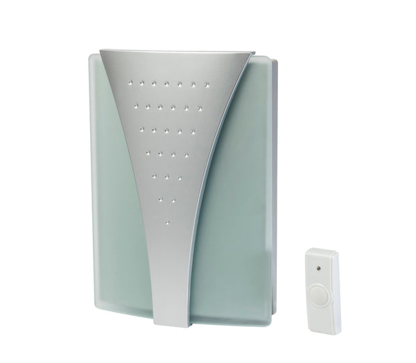 Estevez Timbre Inalámbrico a Pilas 3 Melodías - Modelo Crystal D5620W Plata/Cristal, Pulsador CR2032, Alcance 60m- LuzDeco