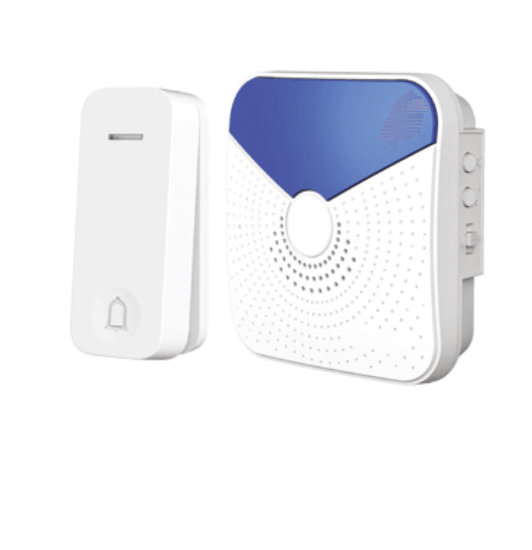 Estevez Timbre Inalámbrico a Pilas con 32 Melodías, Control Remoto, Modelo D651W-AZ - Blanco/Azul- LuzDeco