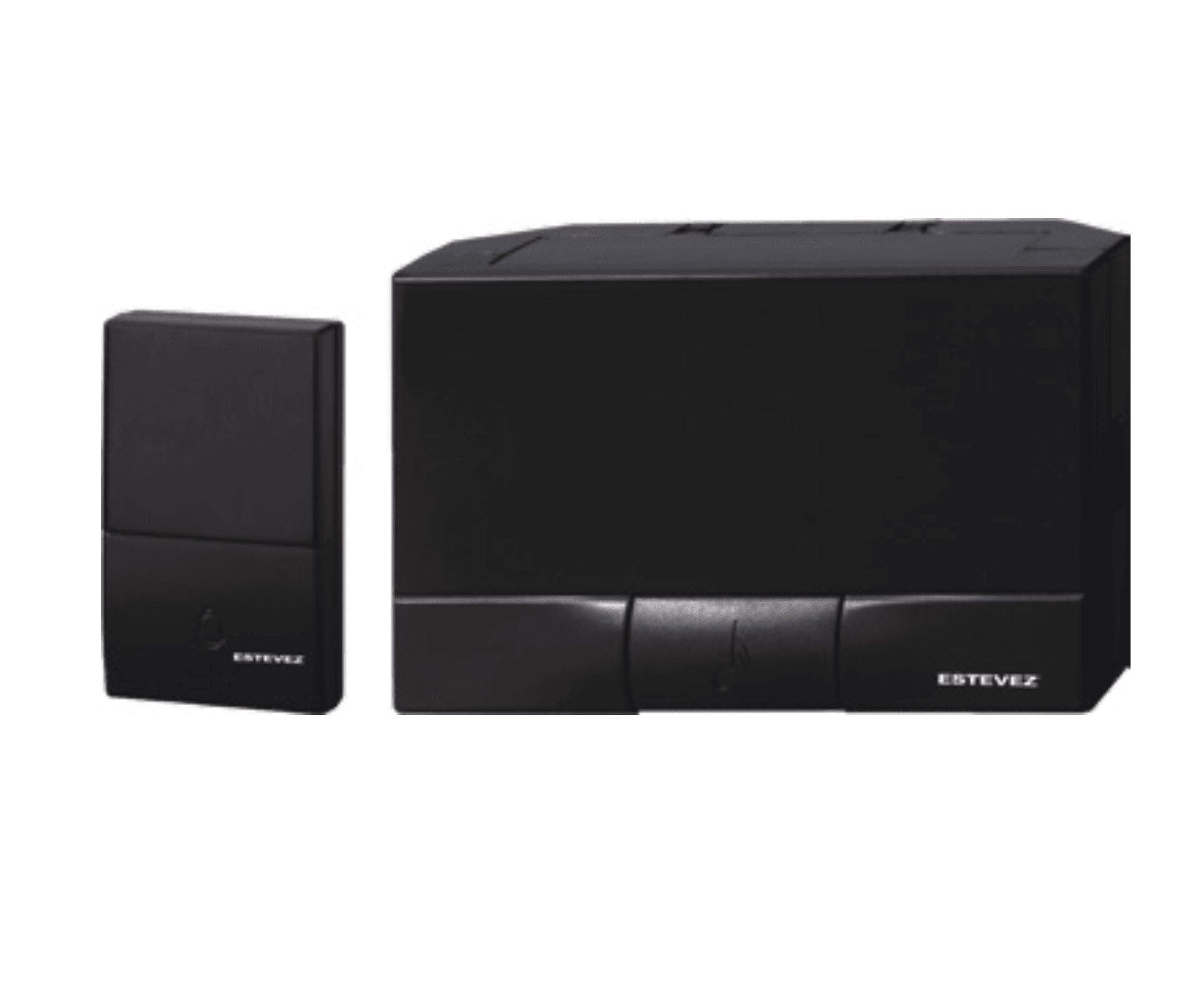 Estevez Timbre Inalámbrico a Pilas 32 Melodías - Modelo Shield D888W-NG Negro/Caoba/Plateado, Pulsador Autónomo, Alcance 100m- LuzDeco