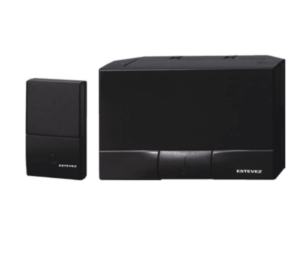 Estevez Timbre Inalámbrico a Pilas 32 Melodías - Modelo Shield D888W-NG Negro/Caoba/Plateado, Pulsador Autónomo, Alcance 100m- LuzDeco
