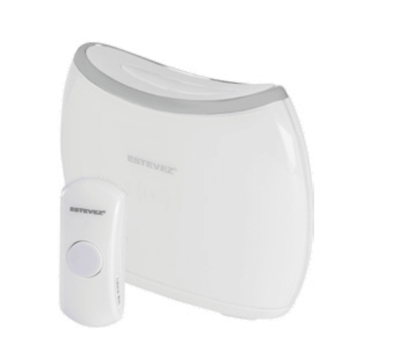 Estevez Timbre Inalámbrico a Pilas con 32 Melodías, Modelo Loopy D884W-BL - Blanco, Pulsador Autónomo, Alcance 150m- LuzDeco