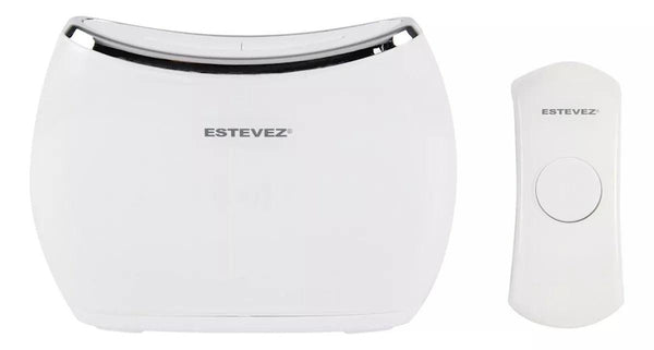 Estevez Timbre Inalámbrico a Pilas con 32 Melodías, Modelo Loopy D884W-BL - Blanco, Pulsador Autónomo, Alcance 150m- LuzDeco
