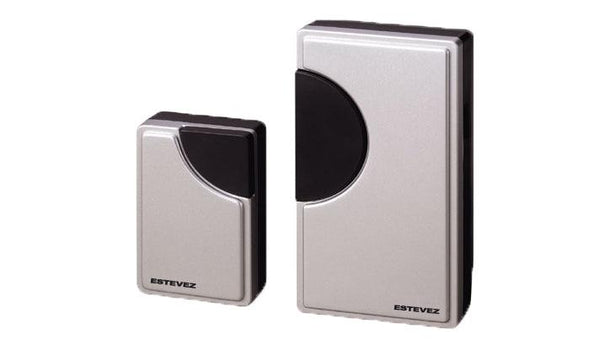 Estevez Timbre Inalámbrico a Pilas 32 Melodías - Modelo Shield D888W-NG Negro/Caoba/Plateado, Pulsador Autónomo, Alcance 100mL - LuzDeco