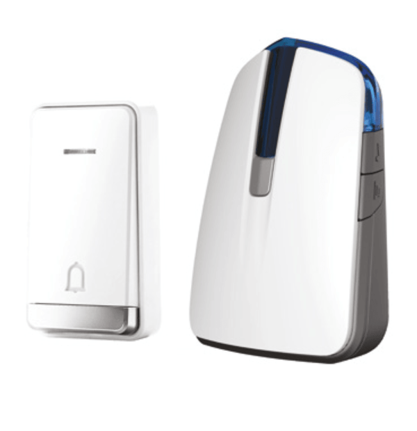 Estevez Timbre Inalámbrico a Pilas con 32 Melodías, Control Remoto, Modelo Ray D652W-AZ - Blanco/Azul- LuzDeco