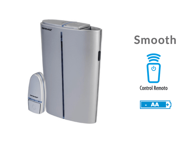 Estevez Timbre Inalámbrico a Pilas con 32 Melodías, Modelo Smooth D883W-PL - Plata, Pulsador Autónomo, Alcance 150m - LuzDeco