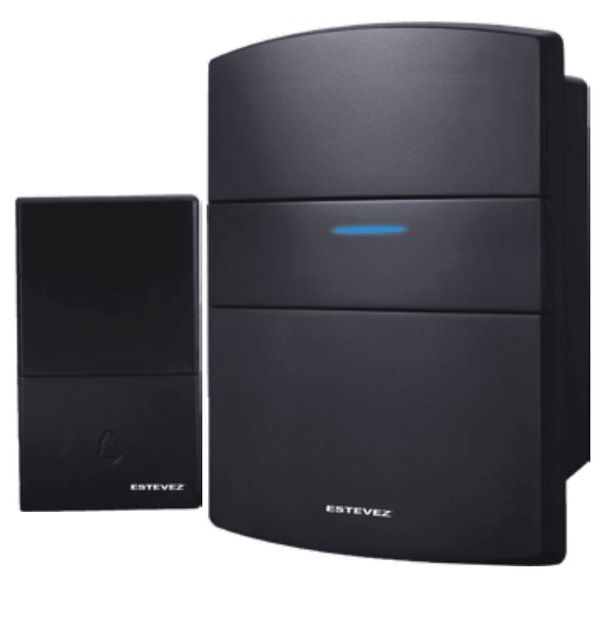 Estevez Timbre Inalámbrico a Pilas con 32 Melodías, Modelo Shield D888W-NG - Negro/Caoba, Pulsador Autónomo, Alcance 100m- LuzDeco