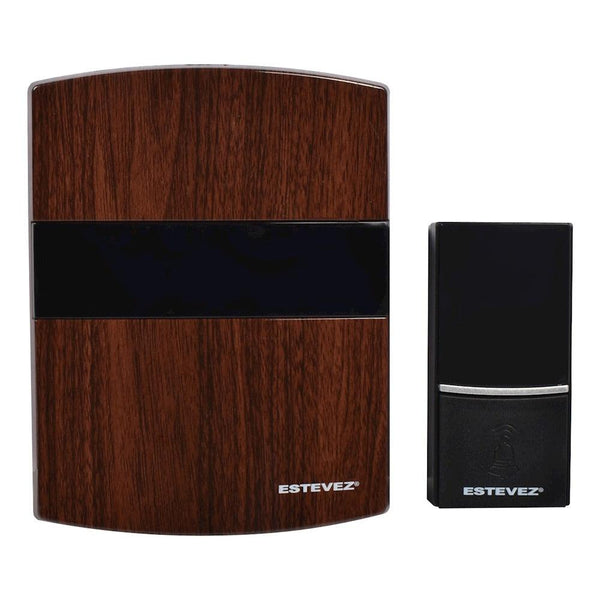 Estevez Timbre Inalámbrico a Pilas con 32 Melodías, Modelo Shield D888W-NG - Negro/Caoba, Pulsador Autónomo, Alcance 100m- LuzDeco