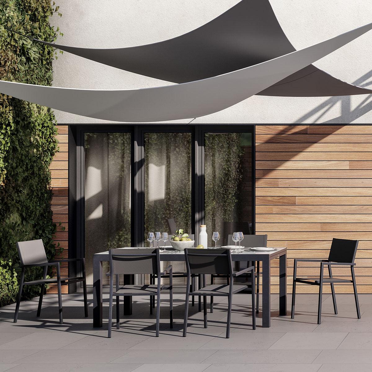 Naterial Set de Comedor: Mesa + 6 Silla de Textileno y Aluminio con Descansabrazos Apta para Exterior, Modelo Mesa Lyra II+ Sillas Orion Alpha II - LuzDeco