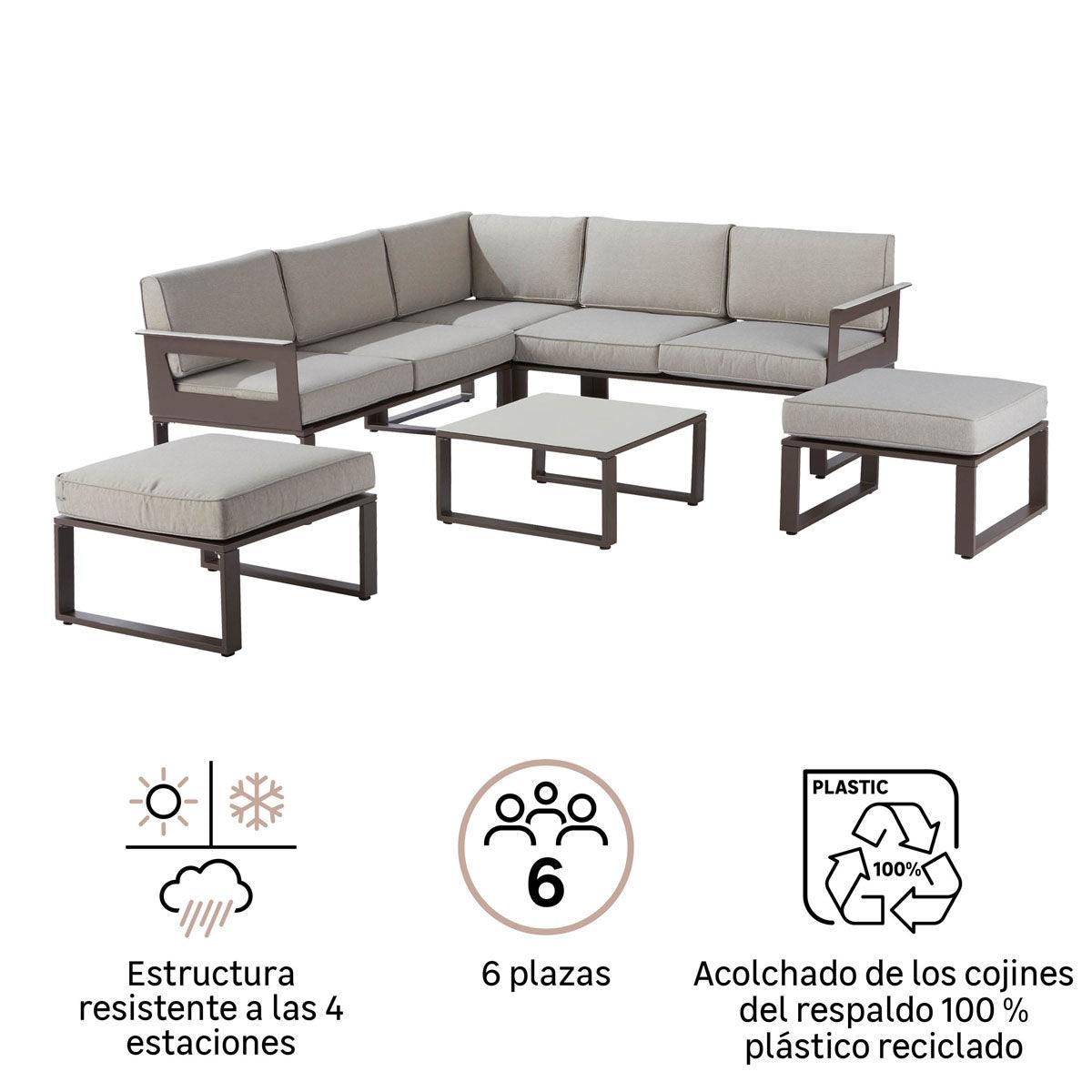 Naterial Set de Muebles de Jardín: Sofá Esquinero + 2 Taburetes + Mesa de Aluminio para Exterior, Modelo Odyssea - LuzDeco
