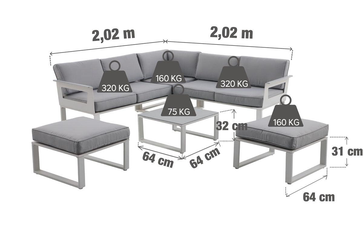Naterial Set de Muebles de Jardín: Sofá Esquinero + 2 Taburetes + Mesa de Aluminio para Exterior, Modelo Odyssea - LuzDeco