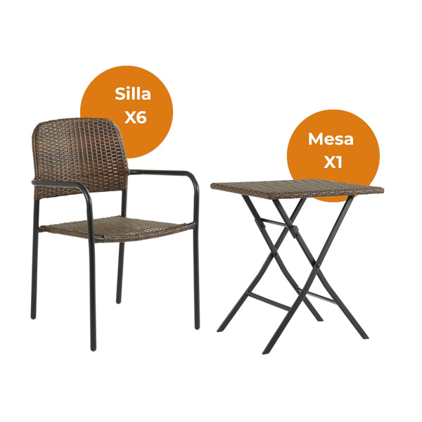 Naterial Silla de Comedor: Mesa + 6 Sillas Tipo Ratán Con Descansabrazos Estructura de Acero , Modelo Zena