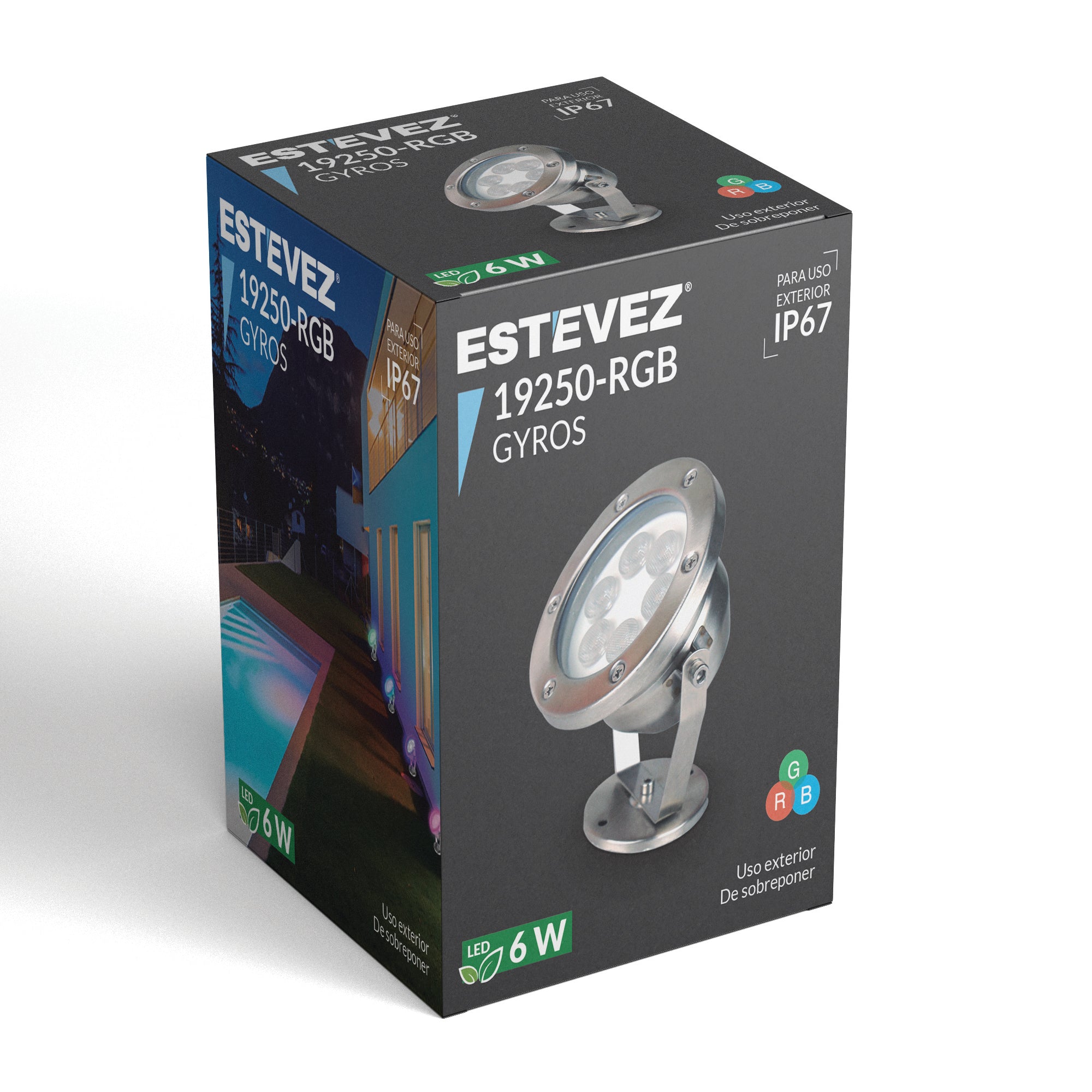 Estevez Lámpara LED RGB 6W Tipo Proyector, Reflector Exteriores, Modelo 19250-RGB
