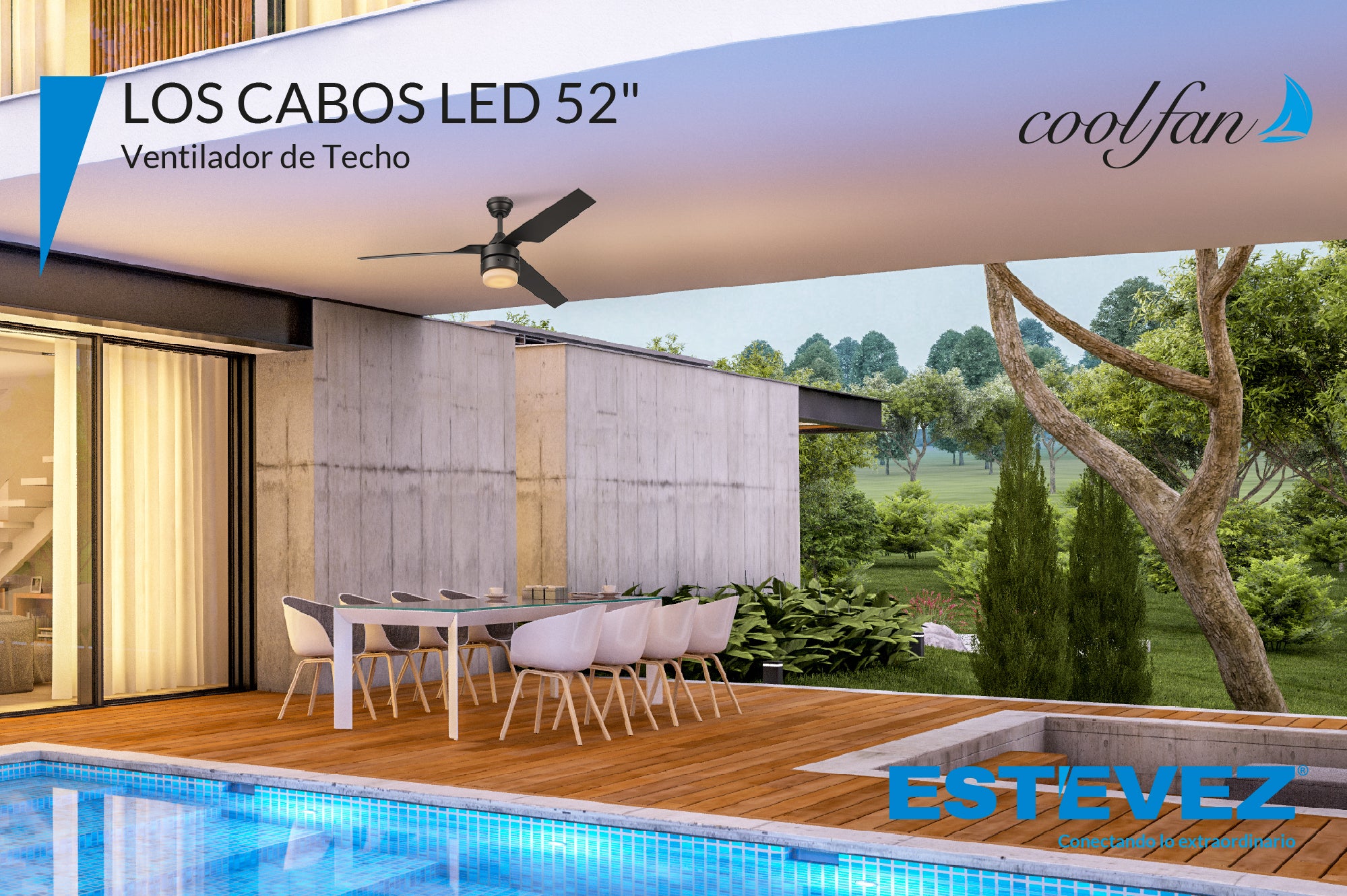 Coolfan Ventilador de Techo de 52" con Luz LED y 3 Aspas Plásticas con Control Remoto para Interior y Exterior, Modelo Los Cabos CCT
