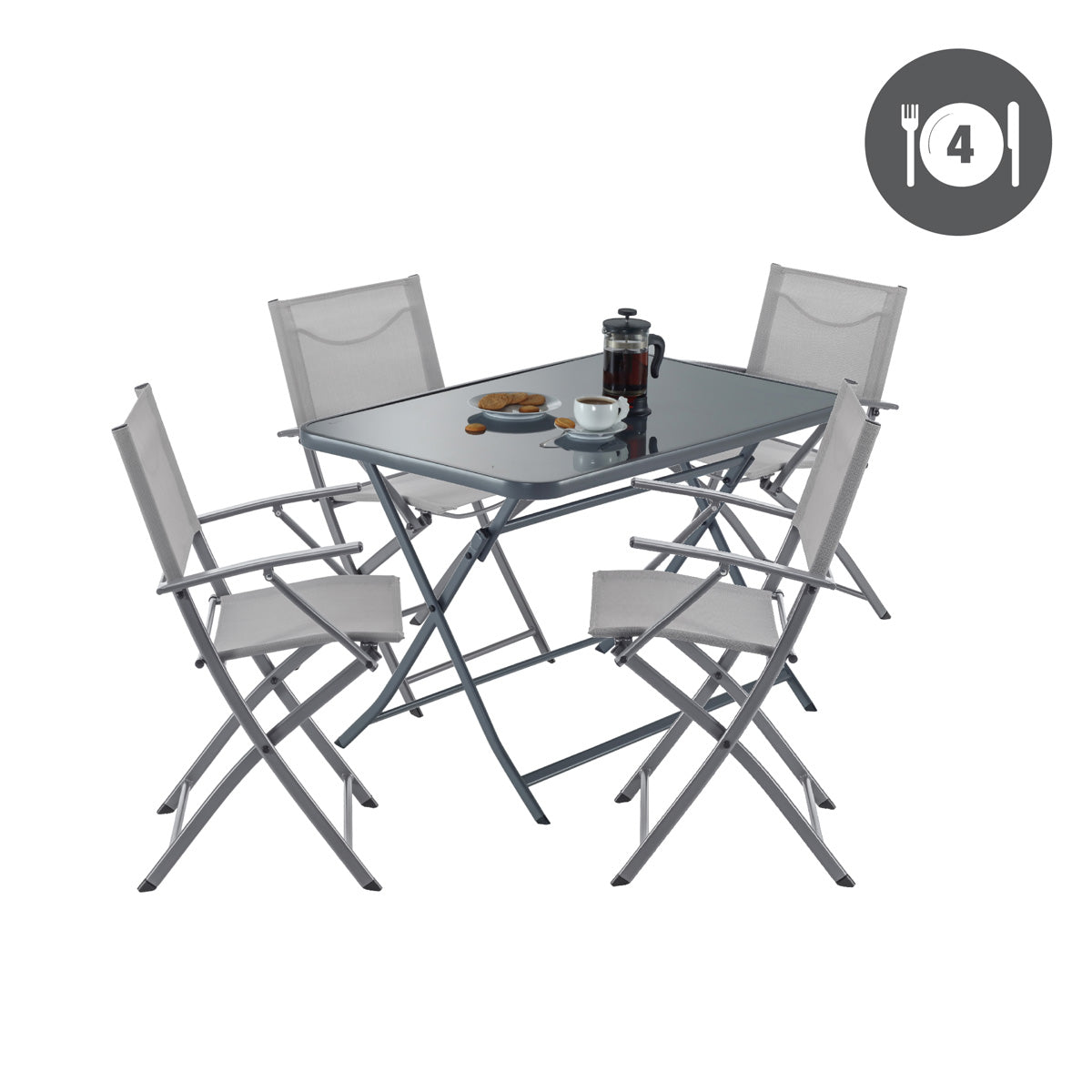 Naterial Set de Comedor: Mesa + 4 Sillas Plegables con Descansabrazos de Acero Aptas para Exterior, Modelo Emys