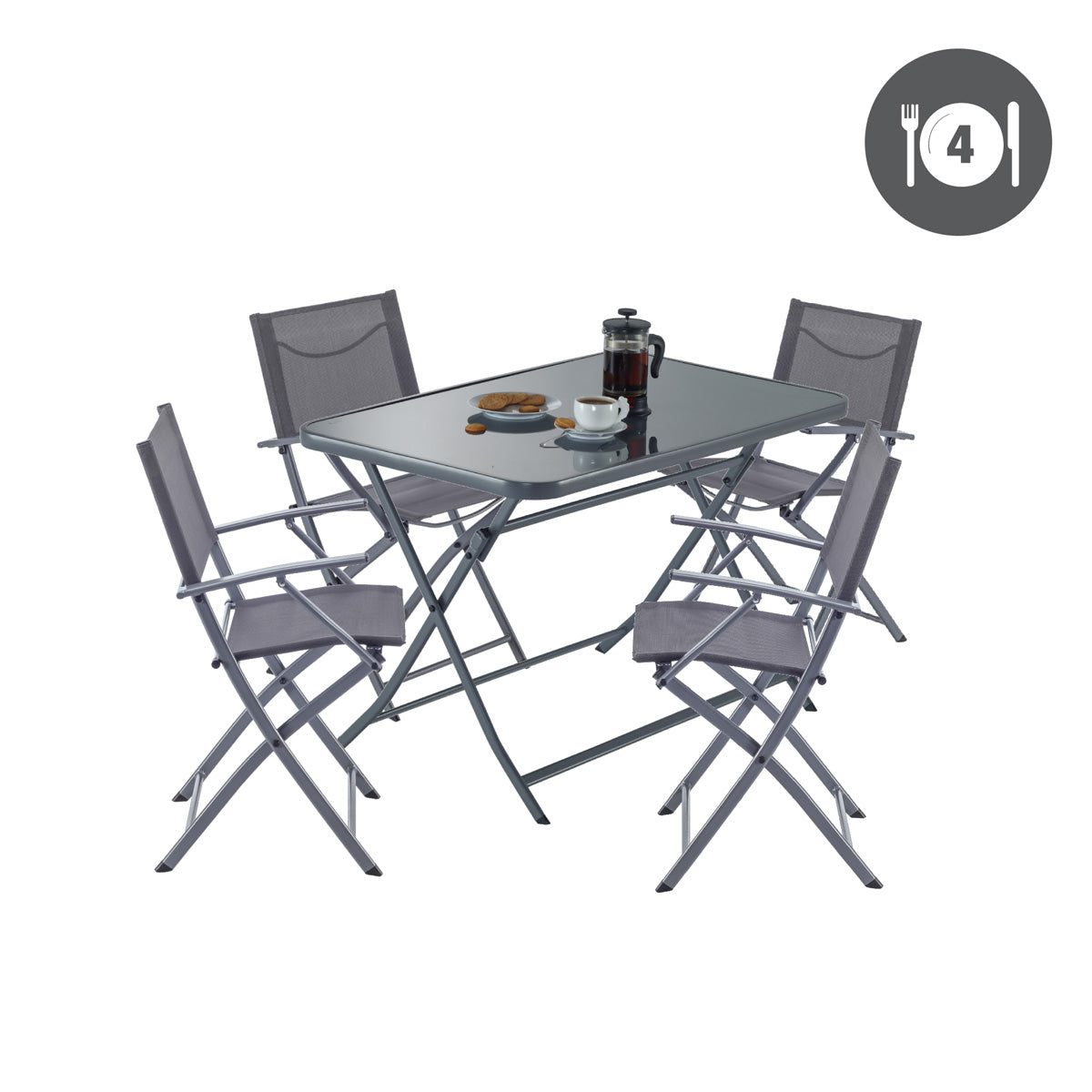 Naterial Set de Comedor: Mesa + 4 Sillas Plegables con Descansabrazos de Acero Aptas para Exterior, Modelo Emys