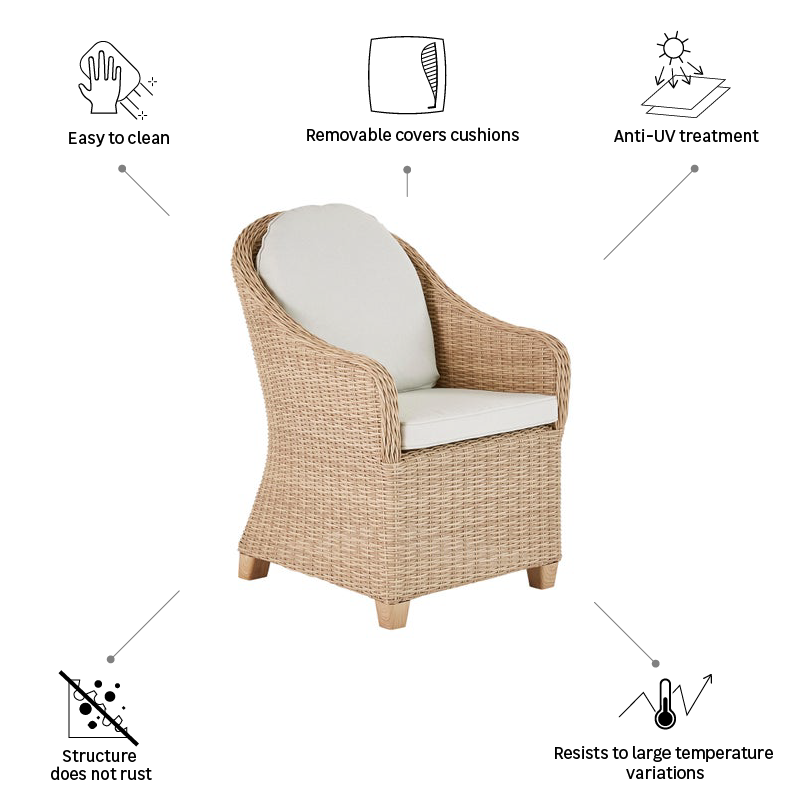 Naterial Sillón Tipo Ratán con Cojín y Descansabrazos Aptos para Exterior, Modelo Medena