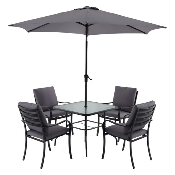 Naterial Set de Comedor: Mesa Cuadrada +4 Sillas con Cojines+ Sombrilla de Acero, Modelo Rono